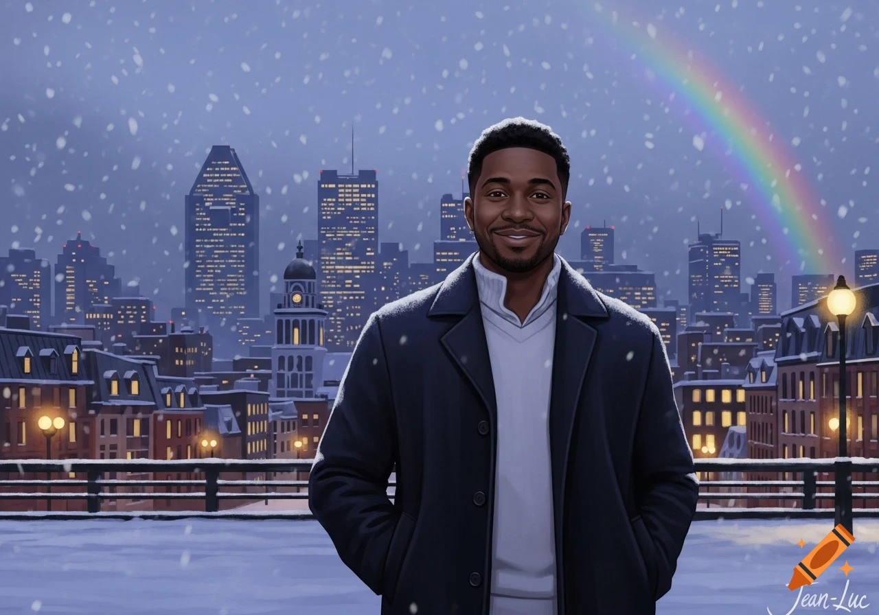 A man in a dark coat stands smiling on a snowy rooftop overlooking a city skyline with a rainbow.