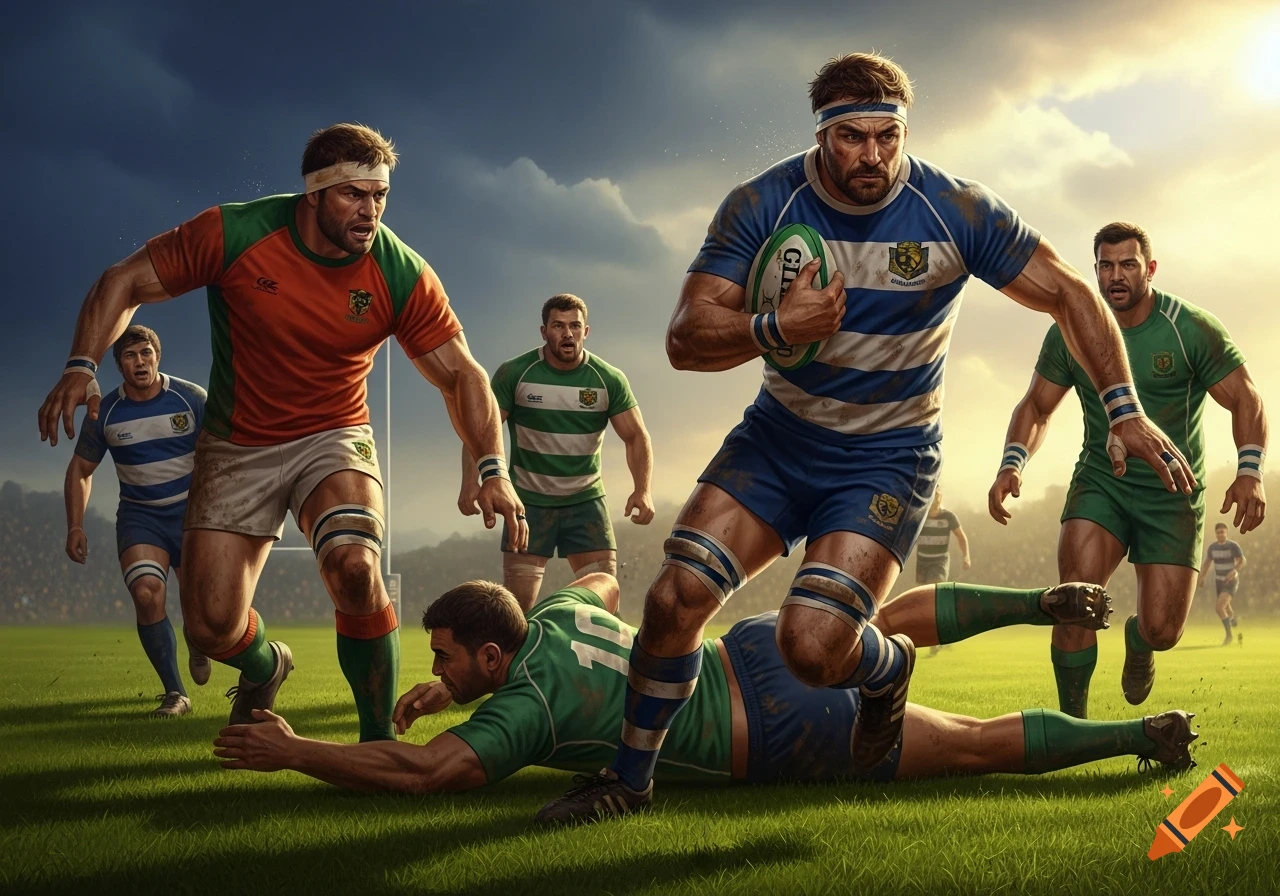 Dynamic shot of muscular rugby players in action on a grassy field, one carrying the ball, another tackling, and teammates nearby, under a dramatic sky.