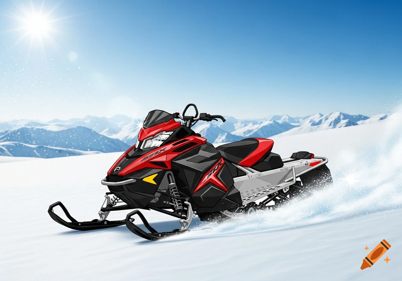 A red and black snowmobile on a snowy slope with mountains in the background, under a bright sun, in a clip art style.