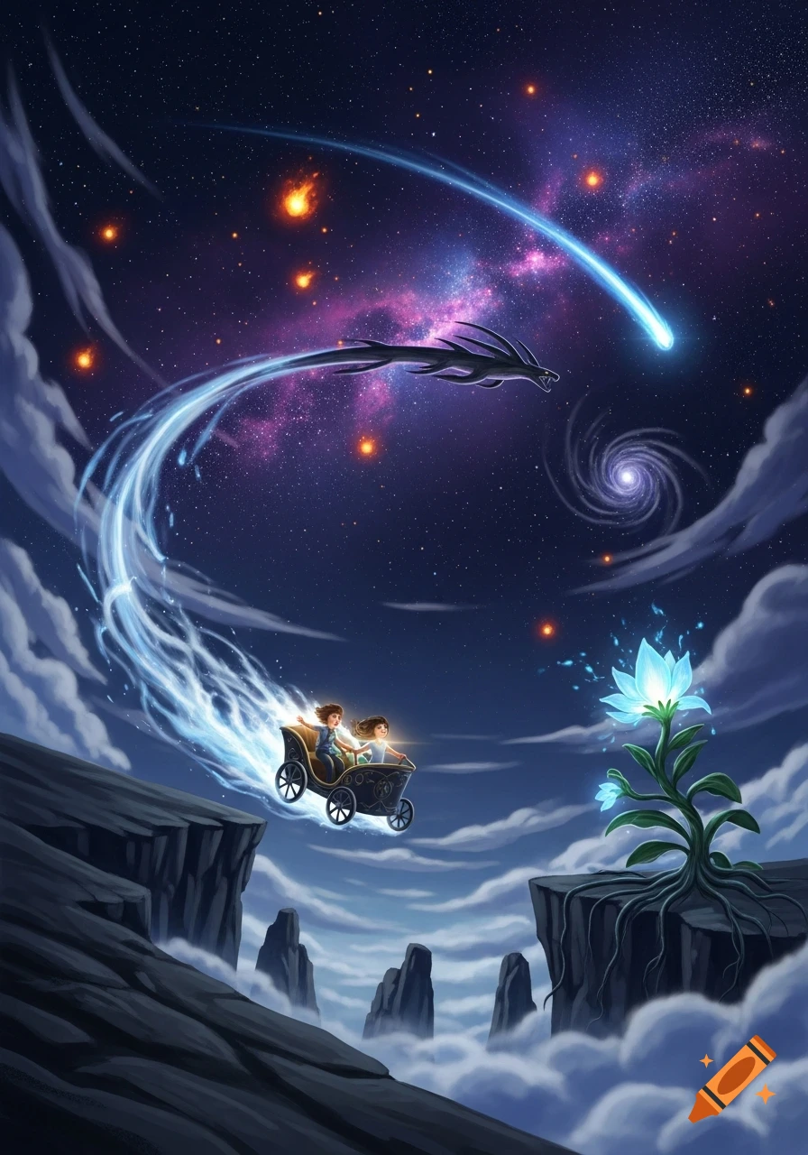 Two children in a flying chariot with a glowing trail, a dragon, shooting star, and galaxy in a starry night sky above glowing flowers on cliffs.
