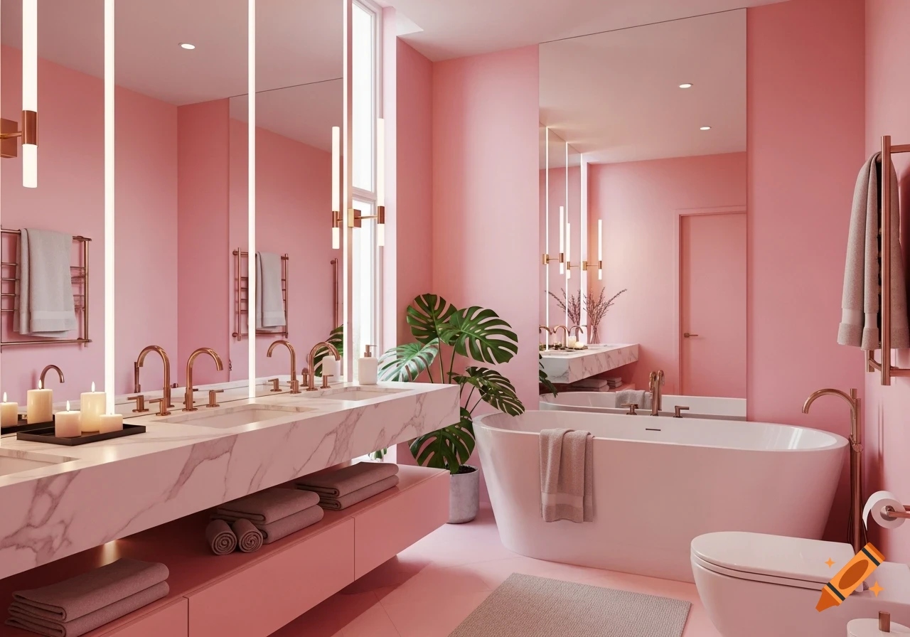 A modern, luxurious bathroom with pink walls, marble vanity, double sinks, a freestanding bathtub, and a large Monstera plant.