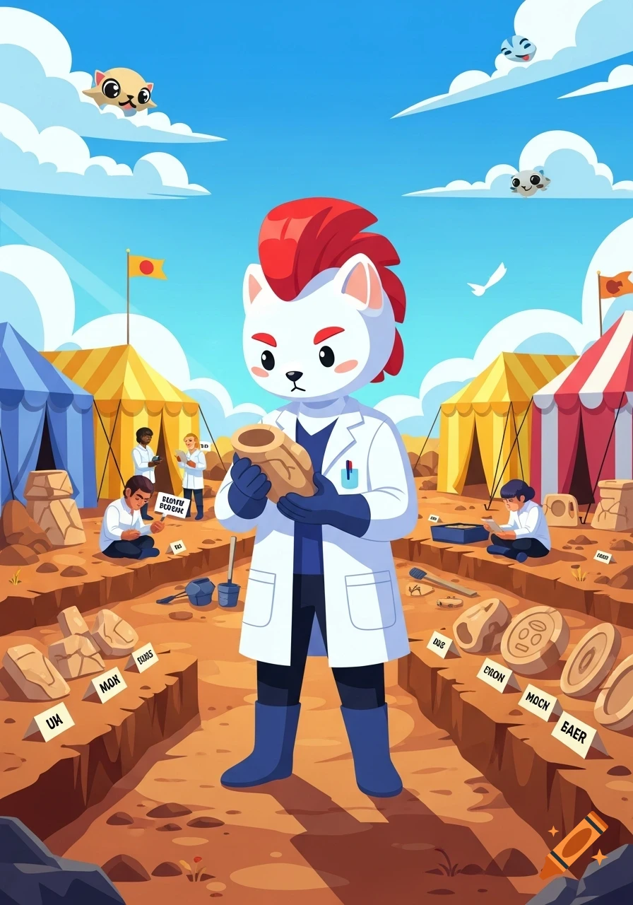 A cartoon white cat archaeologist with a red mohawk holds an artifact at an excavation site with other people and tents under a blue sky.