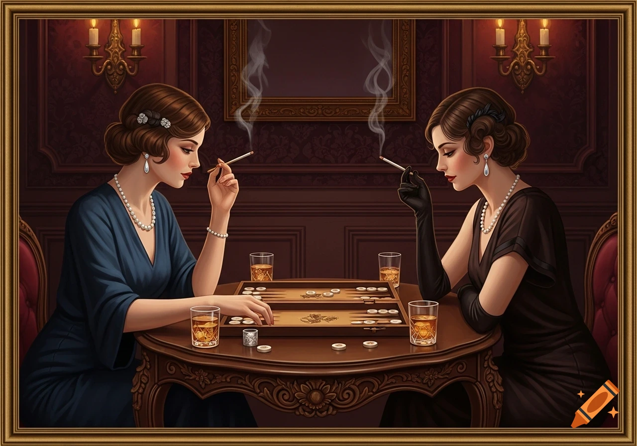 Two elegant women in 1920s attire play backgammon, smoking and drinking at a carved wooden table in a richly decorated room.
