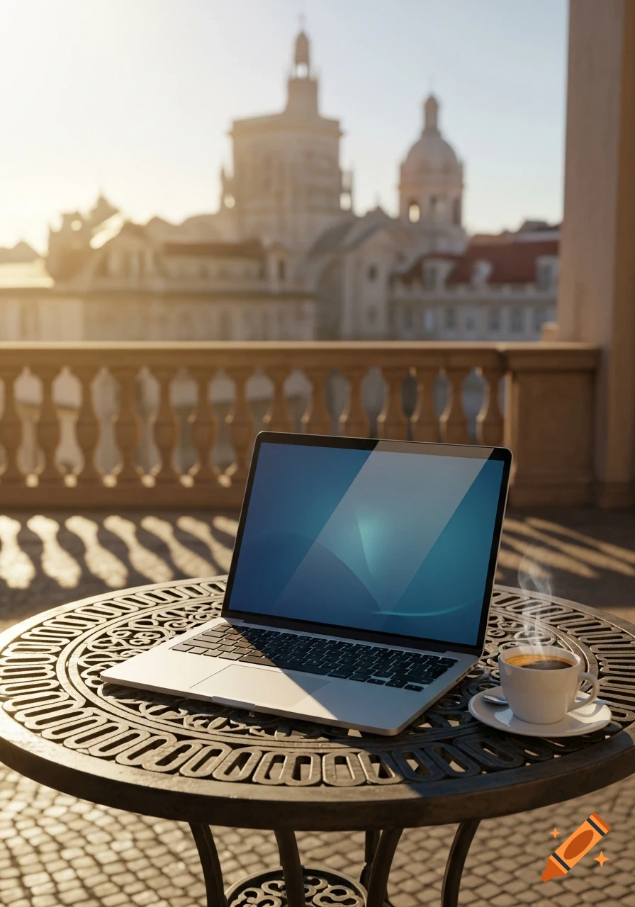 Laptop and steaming coffee on a decorative outdoor table with a blurred European city and historical buildings in the background at sunset.