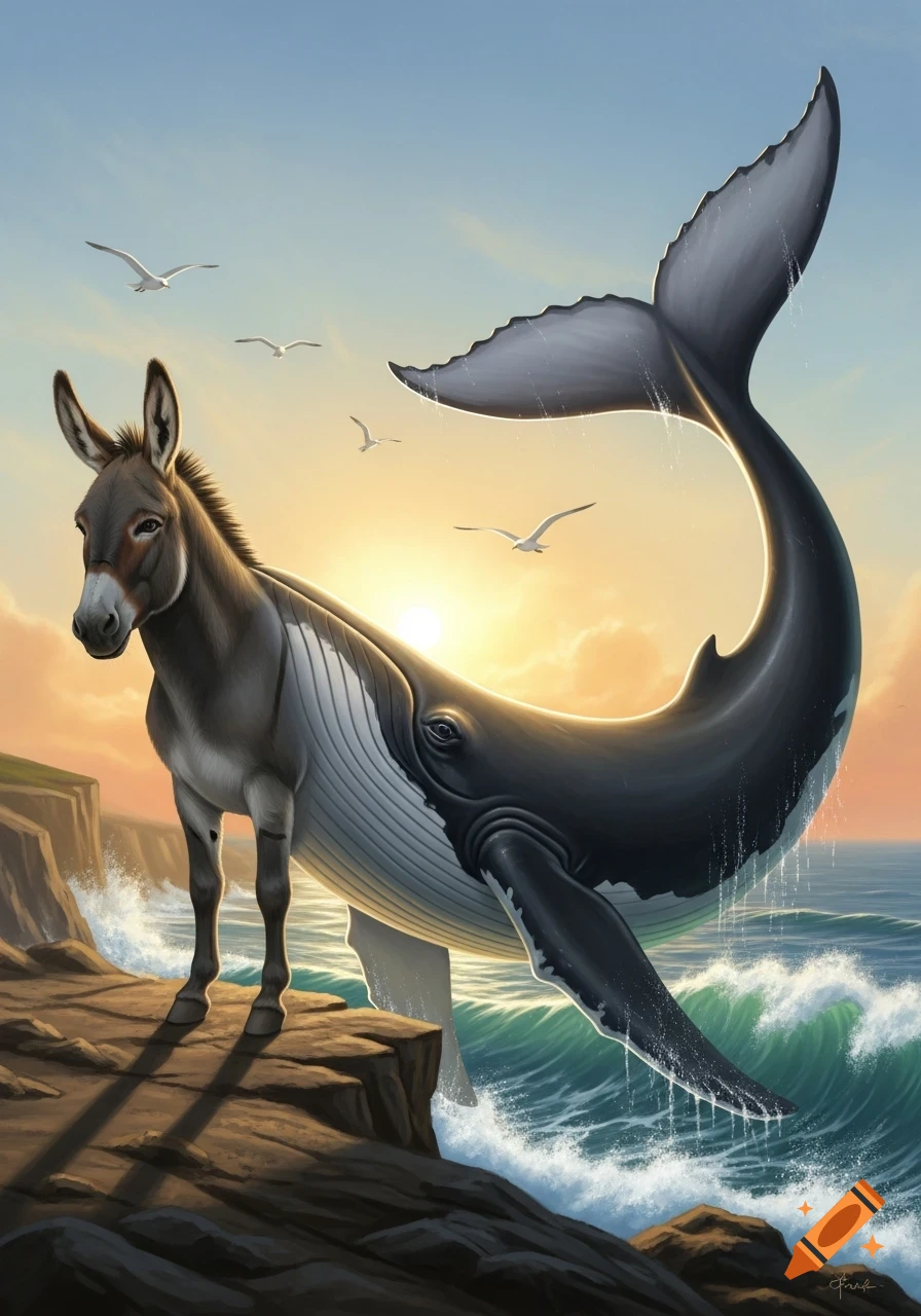 A fantastical donkey-whale hybrid stands on a rocky cliff overlooking the ocean at sunset, with seagulls flying overhead.