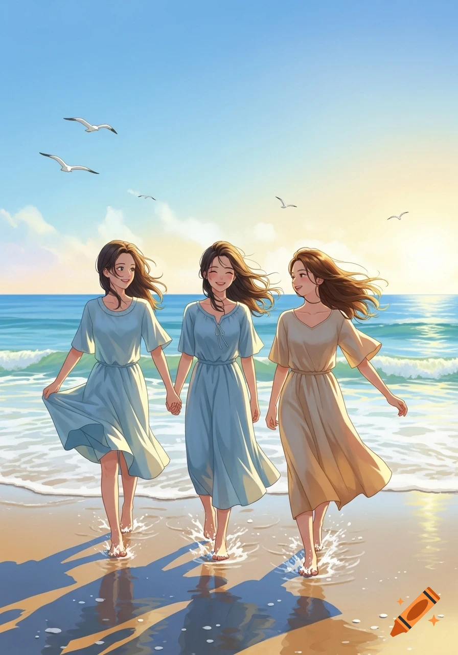 Anime illustration of three smiling girls in dresses walking barefoot in the shallow ocean water on a sunny beach, with seagulls in the sky.