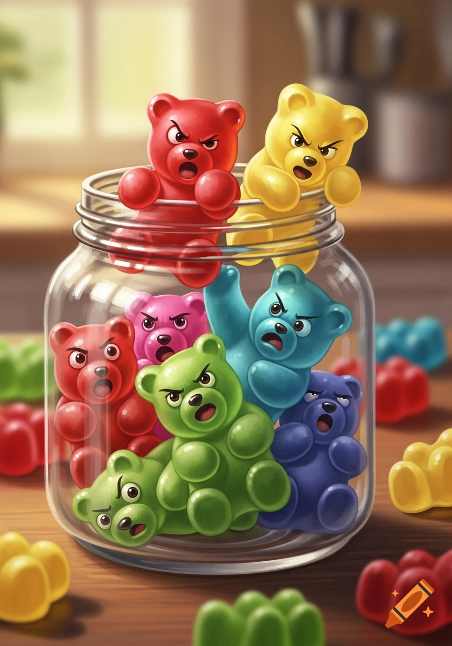A jar filled with colorful, angry, and scared gummy bears, with some spilling out onto a wooden table.