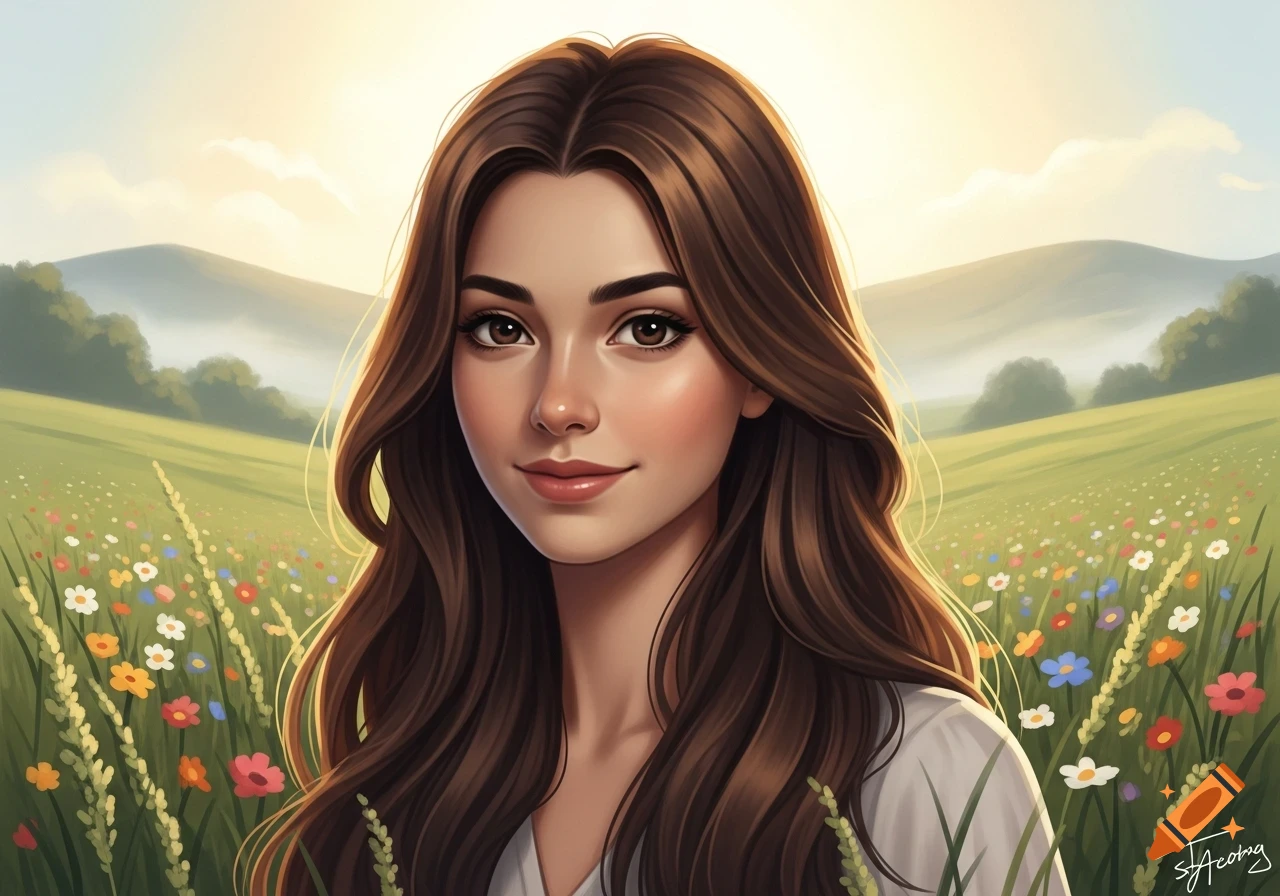 Stylized portrait of a smiling young woman with long brown hair and ...