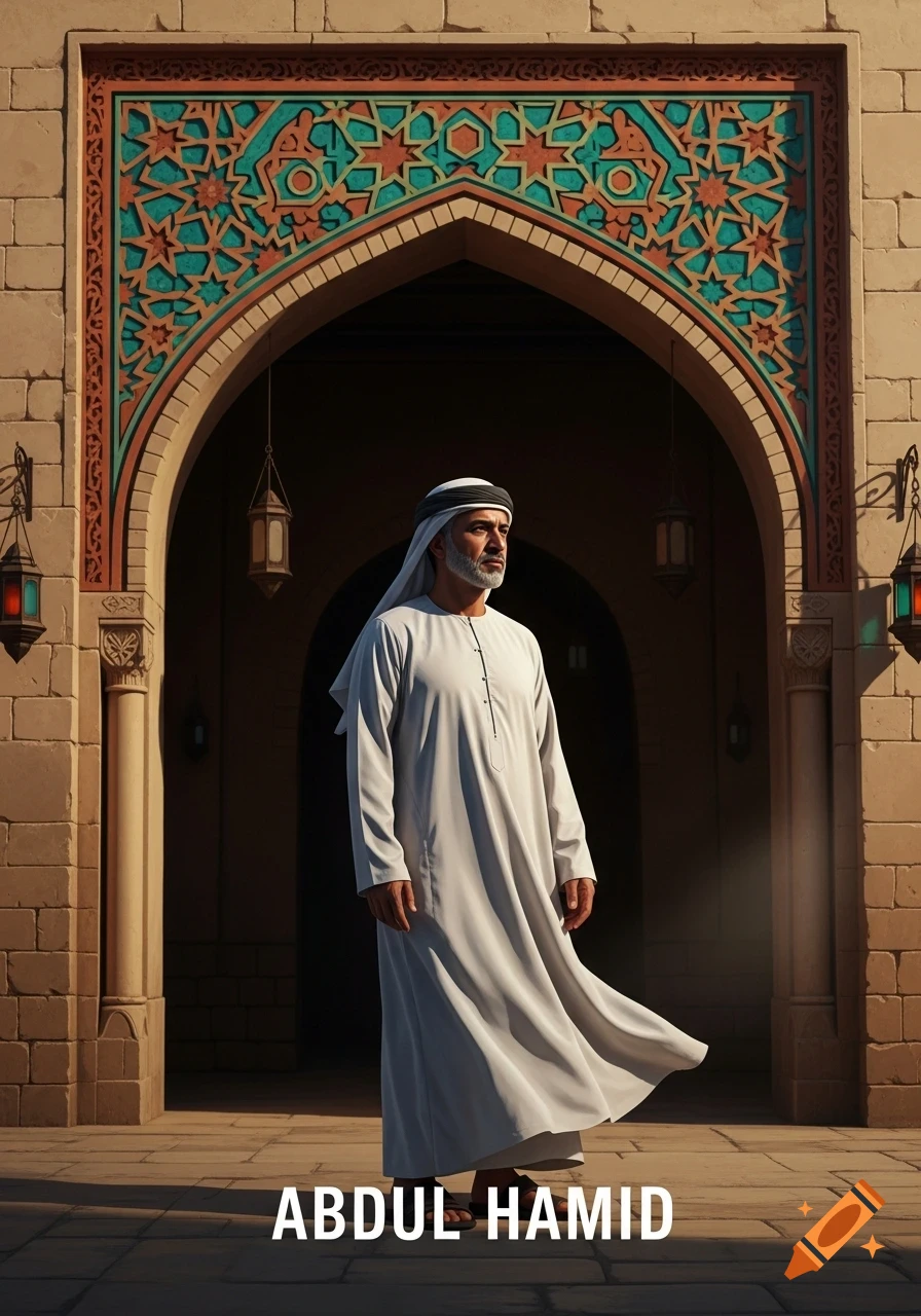 A man in traditional white thobe and ghutra stands beneath an intricately decorated archway, looking right.
