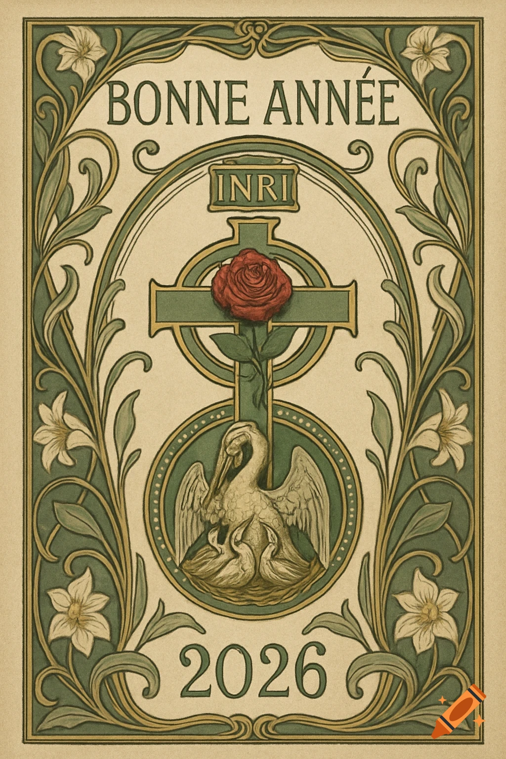 Art Nouveau greeting card with a green and gold border, featuring a cross with a red rose, 'INRI' banner, pelican feeding chicks, and text 'BONNE ANNÉE 2026'.