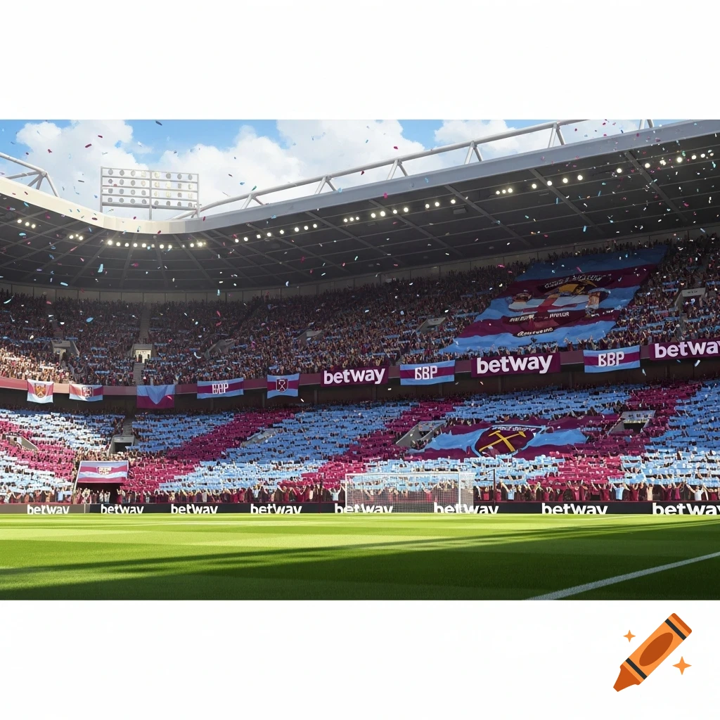 A vibrant football stadium filled with fans in maroon and blue, with falling confetti and 'betway' sponsors visible on banners.
