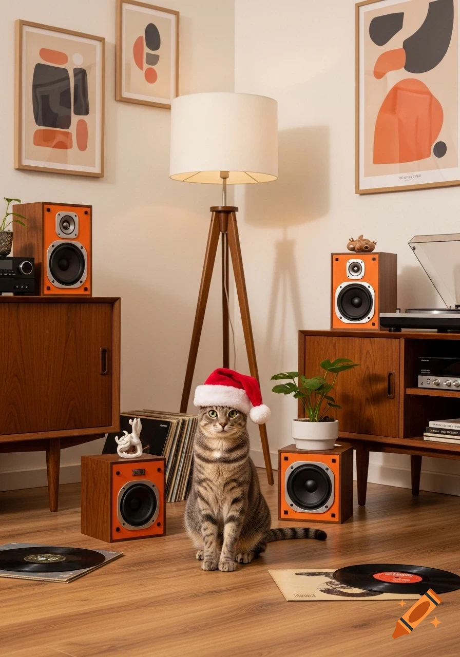 A grey tabby cat wearing a Santa hat sits on a wooden floor in a mid-century modern living room with vintage stereo speakers and records.