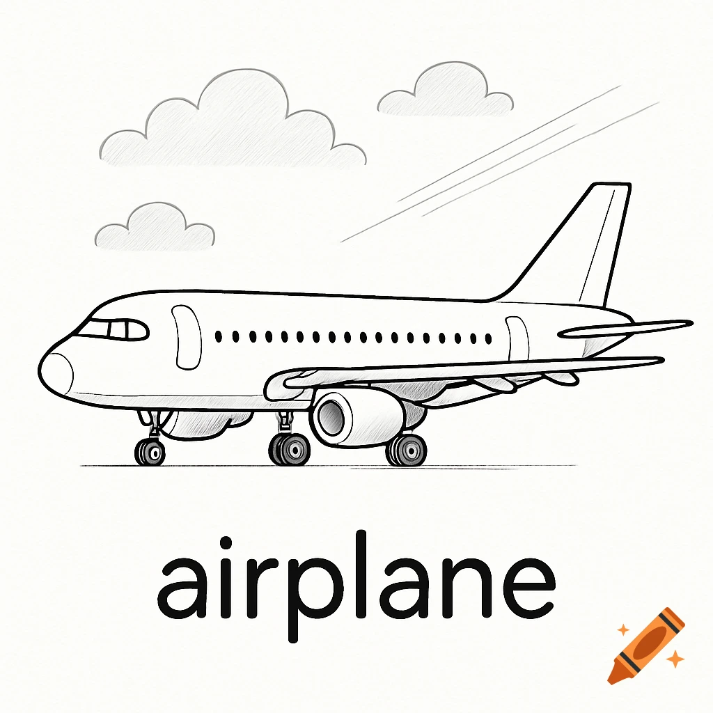 A line drawing of an airplane with clouds, and the word "airplane" written below it.