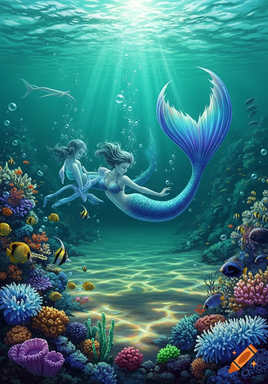 Two mermaids with long hair and blue-green tails swim gracefully through a vibrant coral reef, with sun rays piercing the turquoise water.