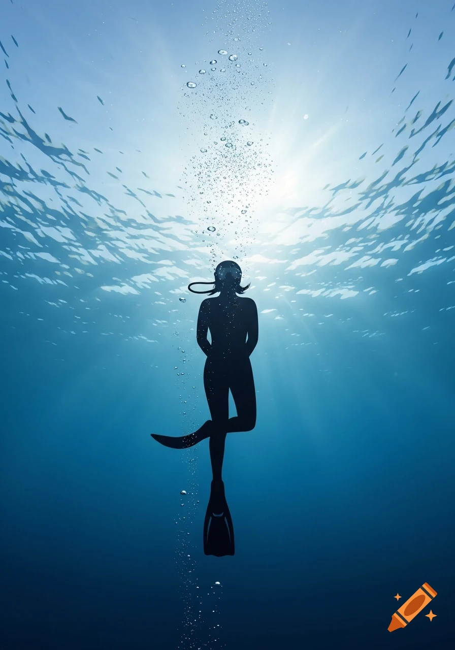 Silhouette of a female scuba diver with crossed legs ascending in clear blue water with sun rays and bubbles.