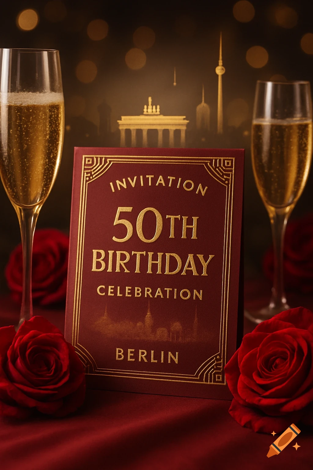 Elegant maroon 50th birthday invitation with gold text, 'Invitation 50th Birthday Celebration Berlin', champagne, and red roses.
