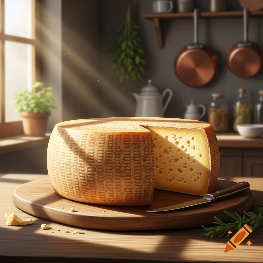 A large wheel of cheese with a wedge removed sits on a wooden board in a sunlit kitchen, a knife beside it.