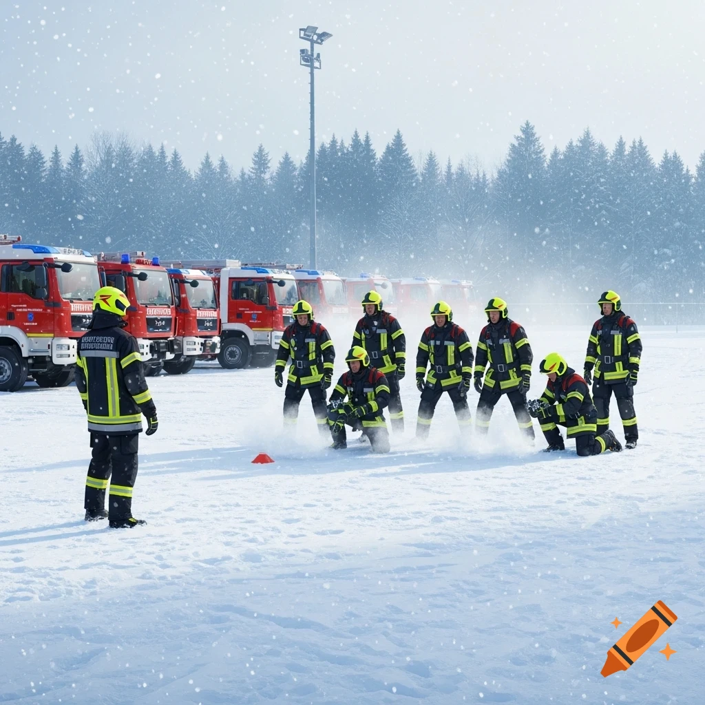 Firefighters in reflective gear train in deep snow, with a line of red fire trucks in the background, during a snowfall.