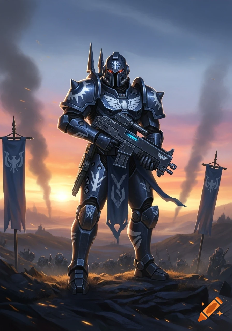 A heavily armored futuristic warrior in dark blue armor with white symbols stands on a rocky hill, holding a rifle. Smoke rises in the background under an orange and blue sky with banners.