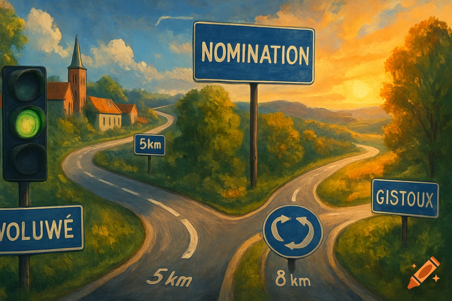 Painterly image of a winding road with various road signs, including "NOMINATION", "WOLUWÉ", and "GISTOUX", set in a rural landscape with a church and houses under an orange sunset sky.