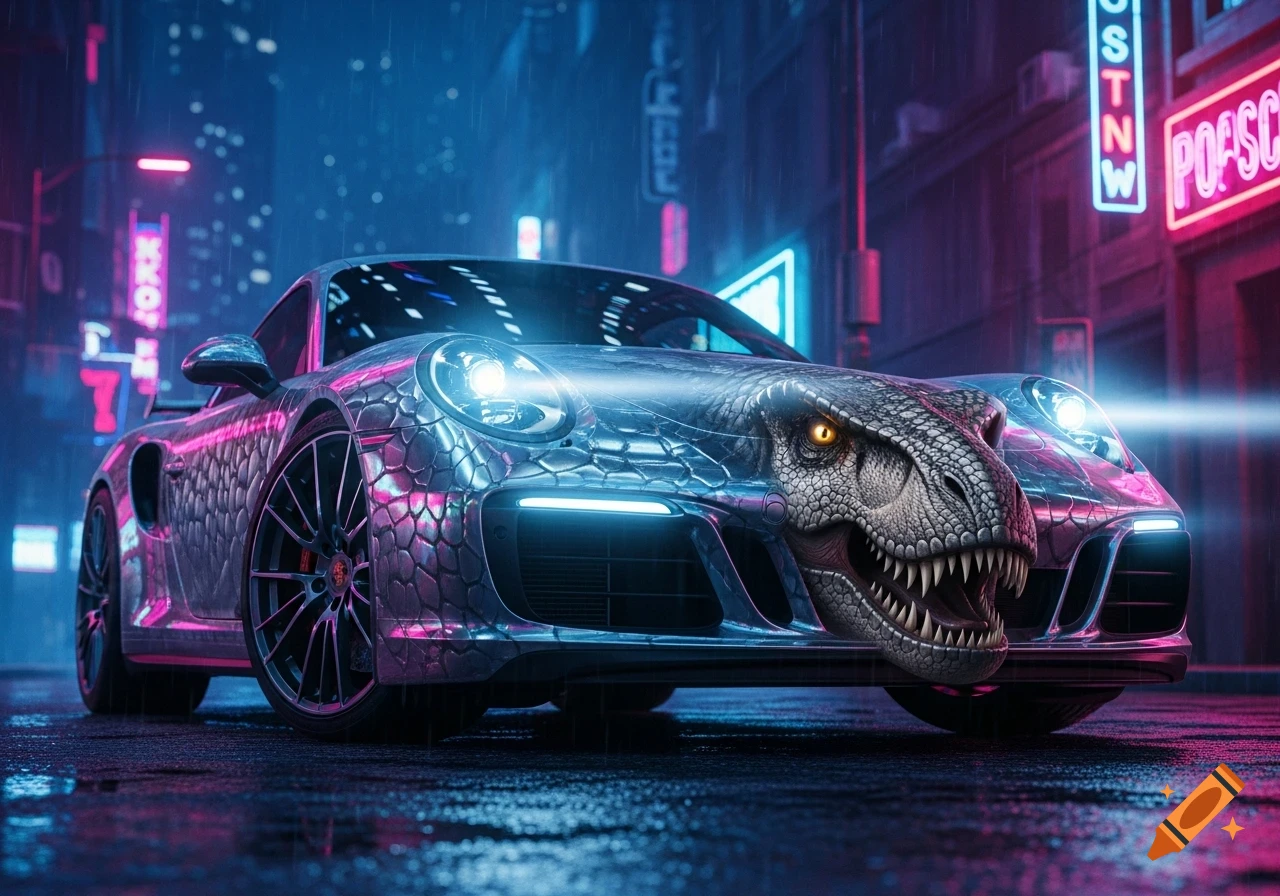 A custom Porsche car with a textured, scaly body and a dinosaur head as its front, parked on a wet street at night under blue and pink neon lights.