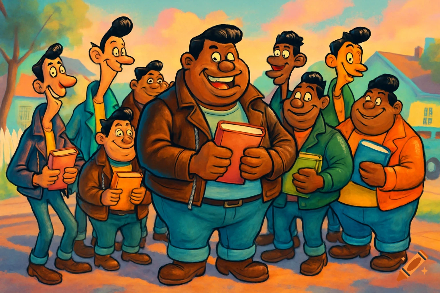 A group of smiling cartoon men in 1950s greaser style, resembling the Fat Albert gang, happily holding books on a street.