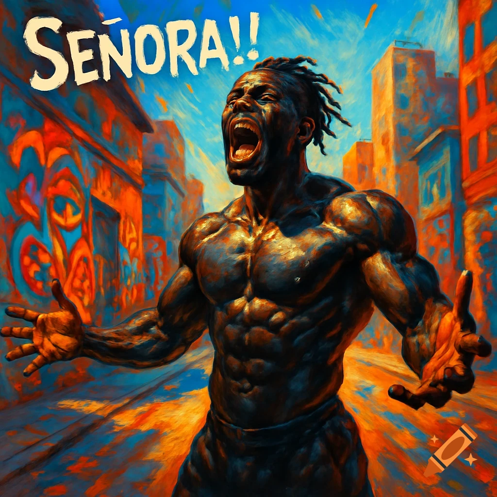 A muscular black man with dreadlocks yells 'SENORA!!' in a vibrant, stylized street scene with a painterly texture.