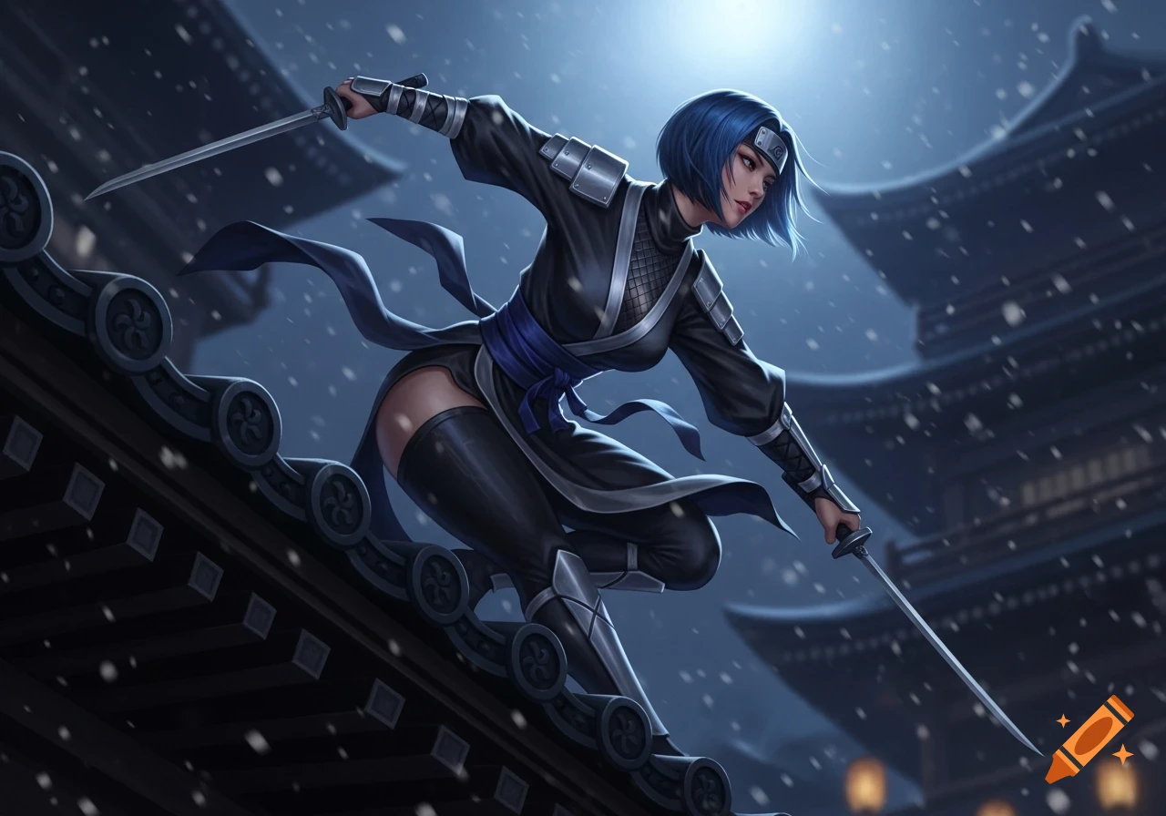 A blue-haired female ninja assassin with two katanas crouches on a snowy Japanese tiled rooftop at night, in a detailed digital painting.