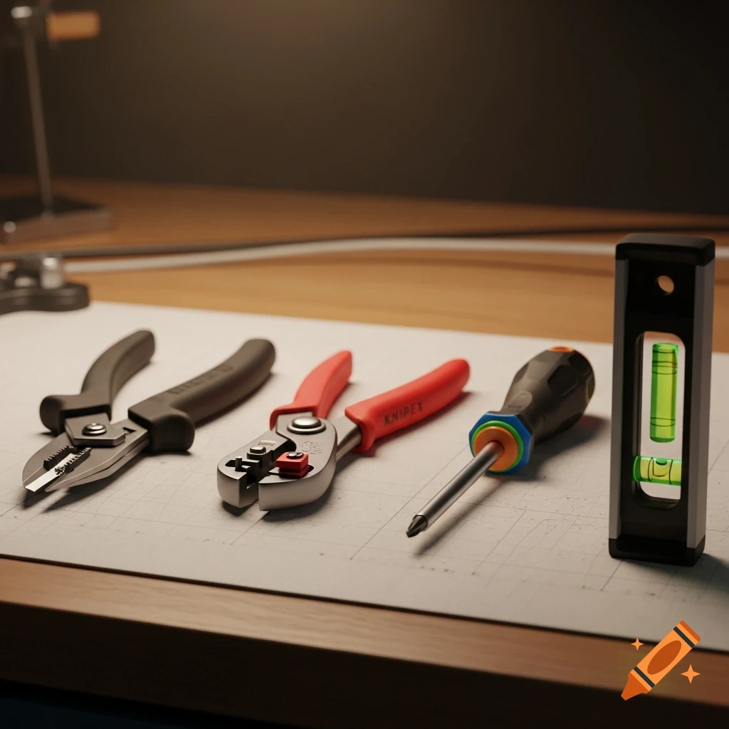 Two pairs of pliers, a screwdriver, and a spirit level arranged on a white workbench, illuminated by warm light.