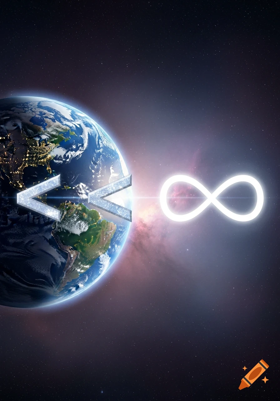 Earth with a stylized metallic symbol pointing towards a glowing white infinity sign, set against a dark starry space background.