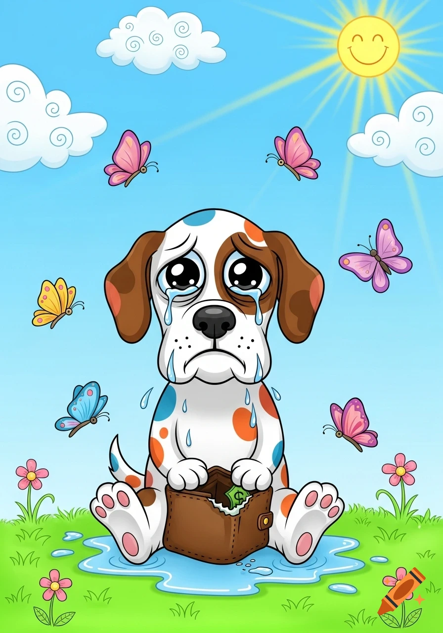 A cartoon dog with colorful spots sits crying in a puddle of tears, holding an empty wallet, under a sky with butterflies and a smiling sun.