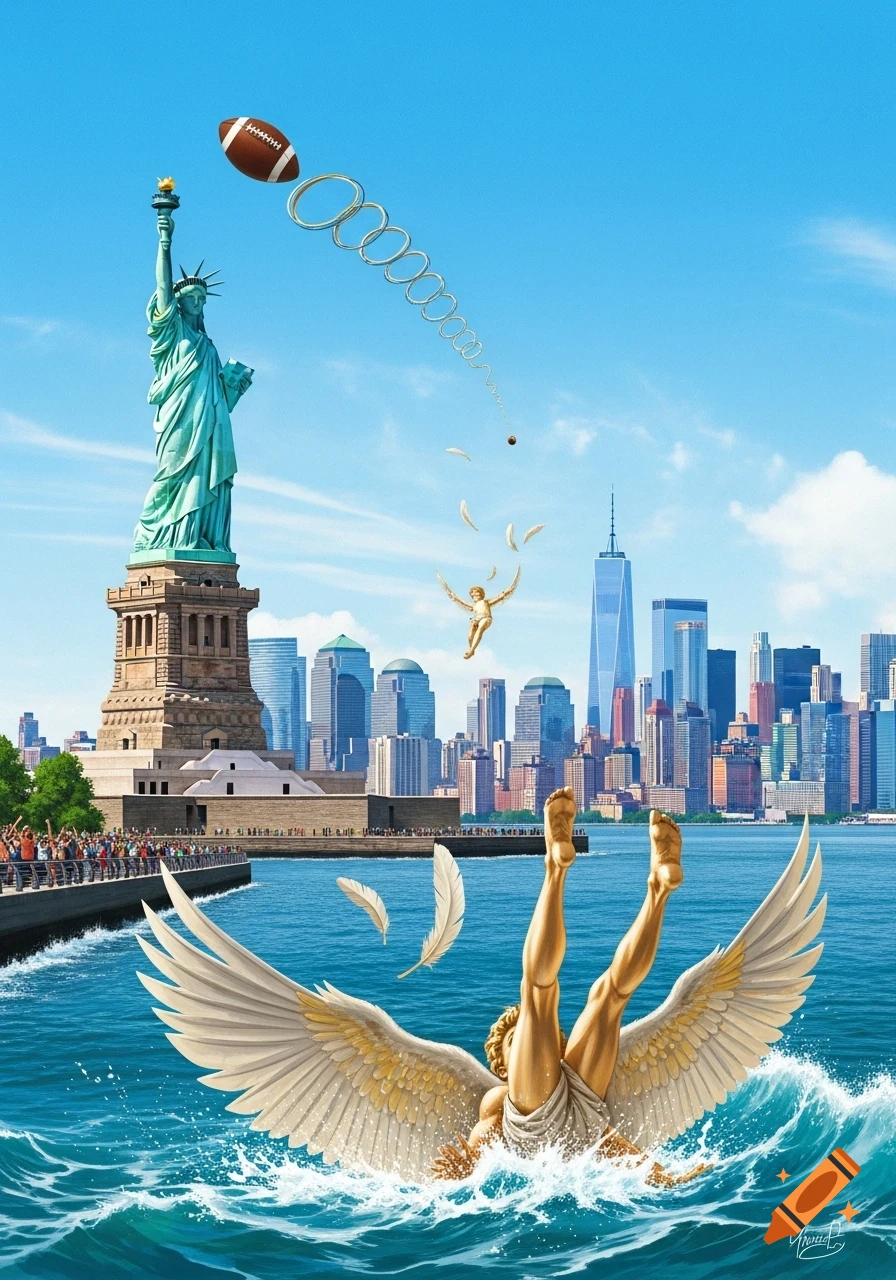 The Statue of Liberty catches a football in New York Harbor with the Manhattan skyline, as winged Icarus falls into the water.