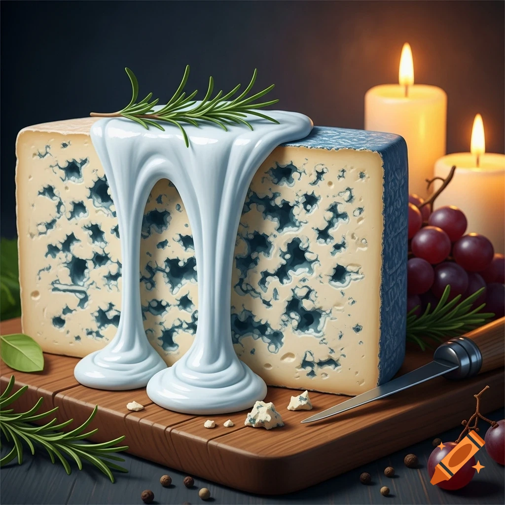 A block of blue cheese with rosemary, covered in thick white sauce, on a wooden board with grapes, a knife, and lit candles.