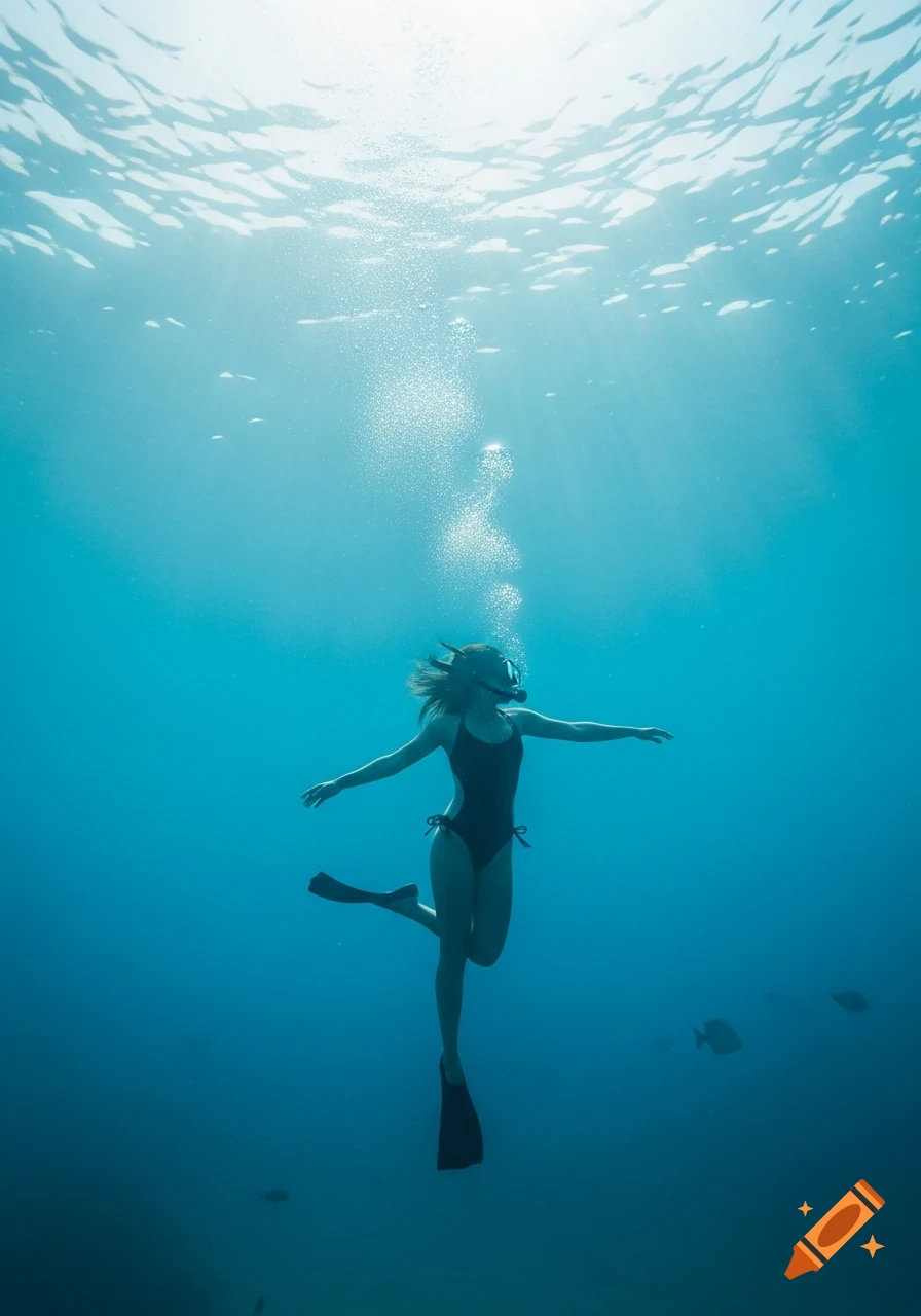 A female diver in a black swimsuit with fins ascends in clear blue water, sun rays beaming from the surface, with a trail of bubbles.