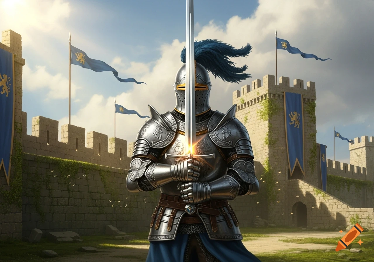 A medieval knight in shining armor stands holding a sword in front of a stone castle with blue and gold banners.