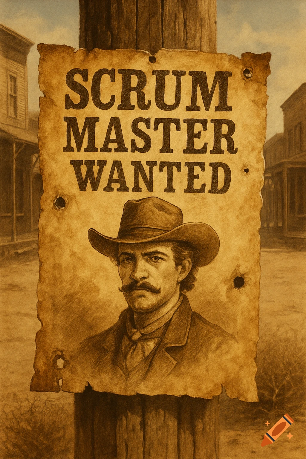 Sepia-toned Wild West wanted poster for a 'Scrum Master' featuring a serious man in a cowboy hat with a mustache.