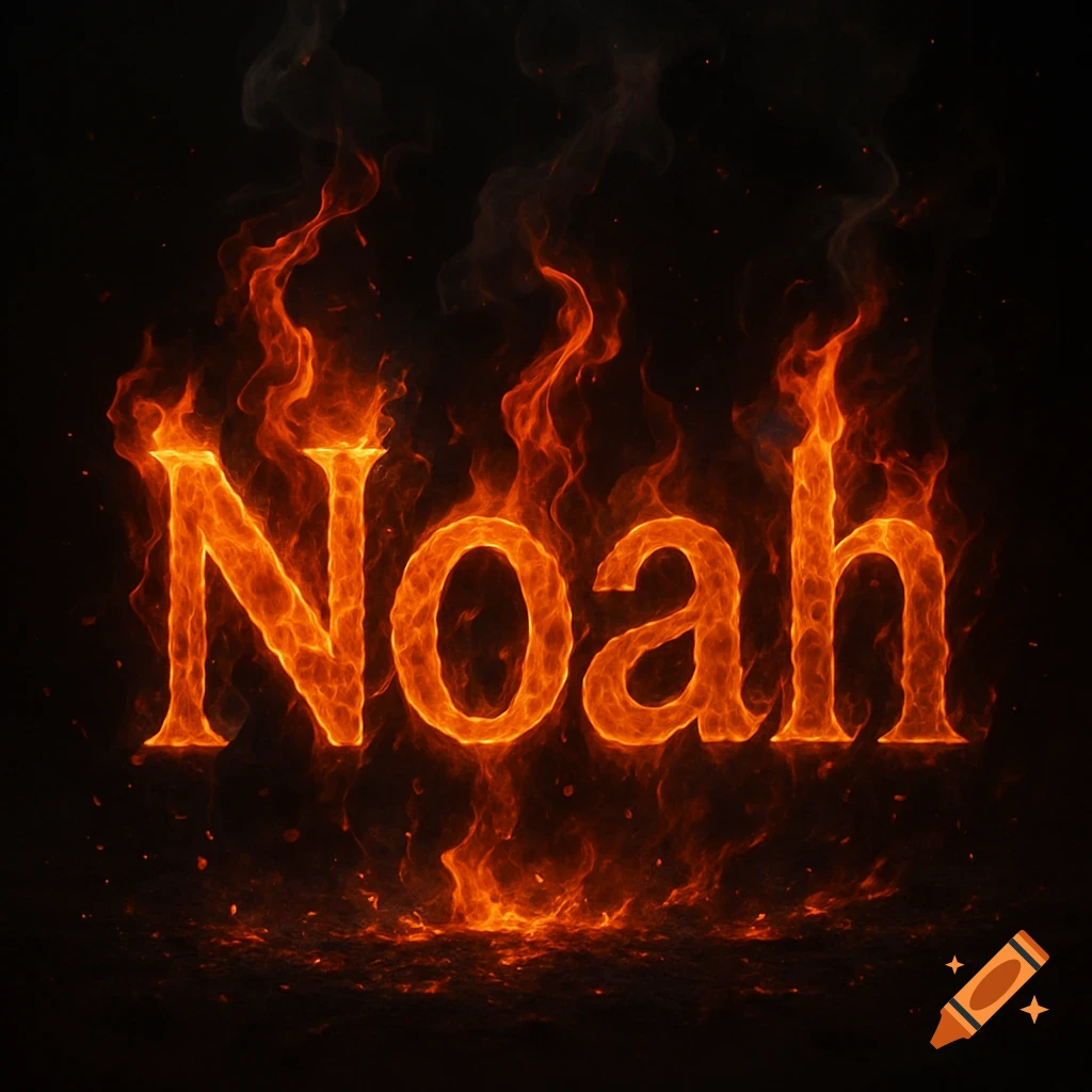 The name Noah rendered in fiery orange flames with smoke against a dark background.