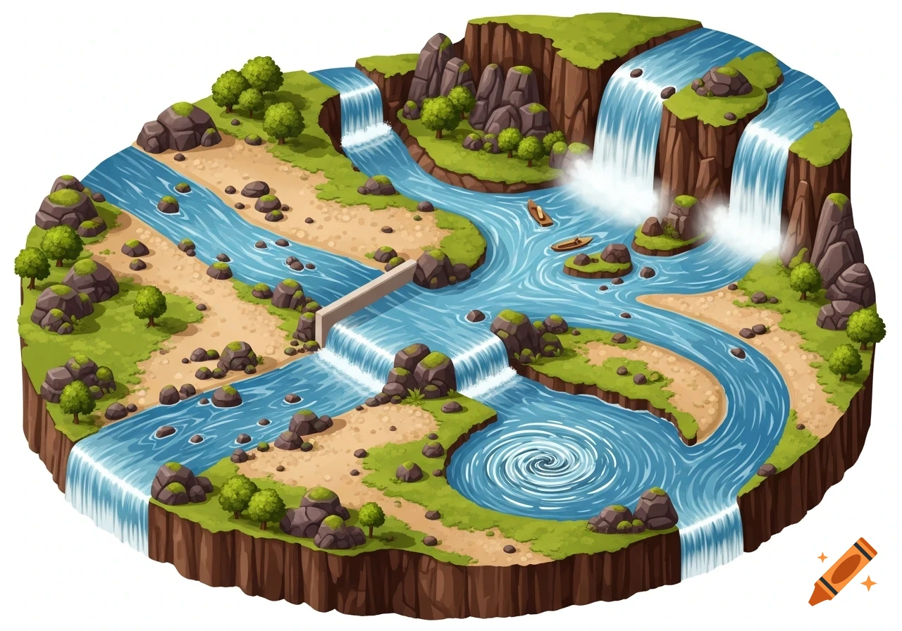 Isometric illustration of a complex river system with multiple waterfalls, a dam, rocks, trees, and a whirlpool, flowing through a segmented natural landscape.