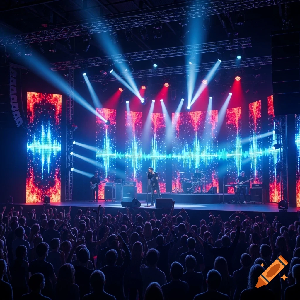 A band performs on a brightly lit stage with red and blue equalizer graphics, in front of a large cheering crowd.