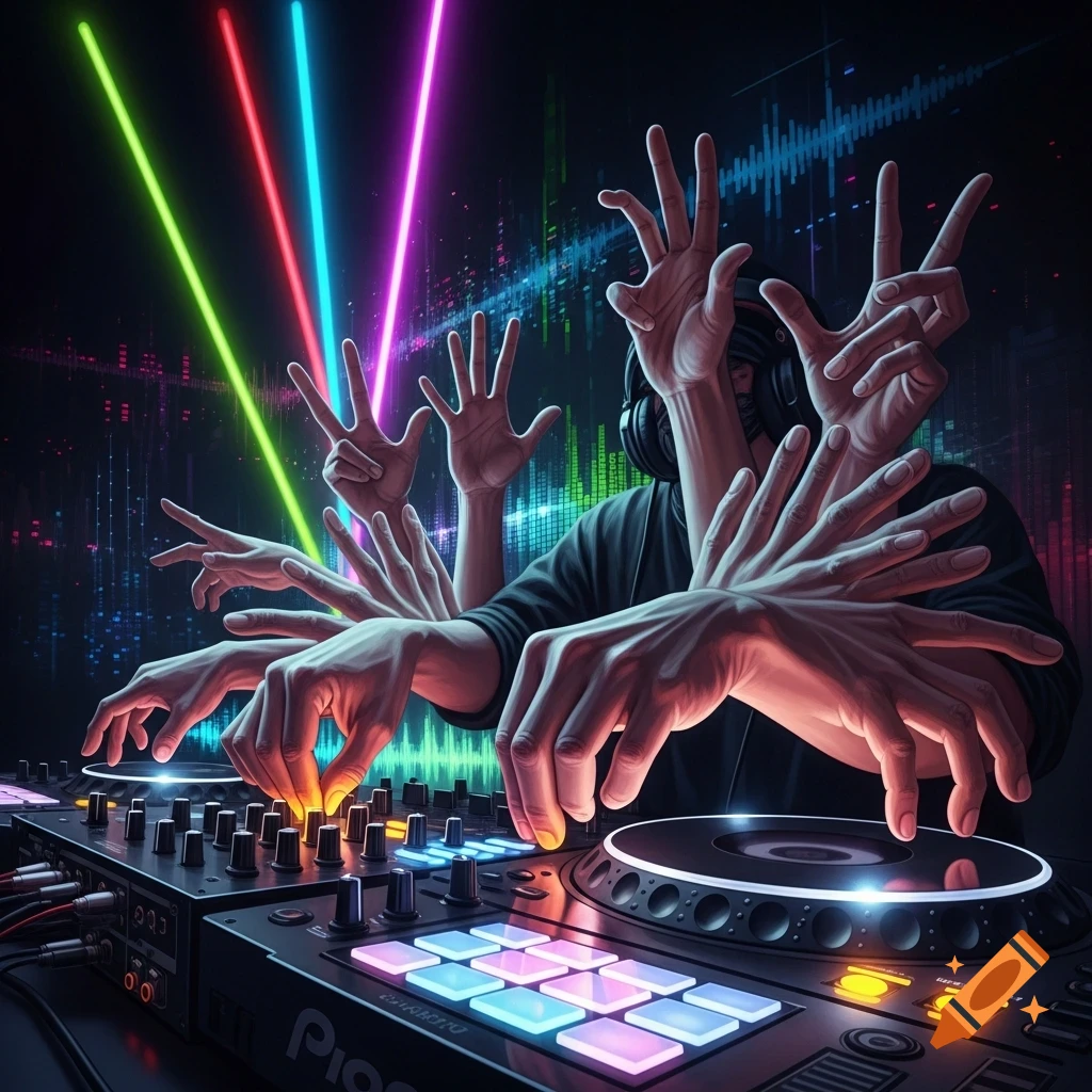 A DJ with multiple arms and hands working on a mixing console, illuminated by neon lights and sound waves in the background.