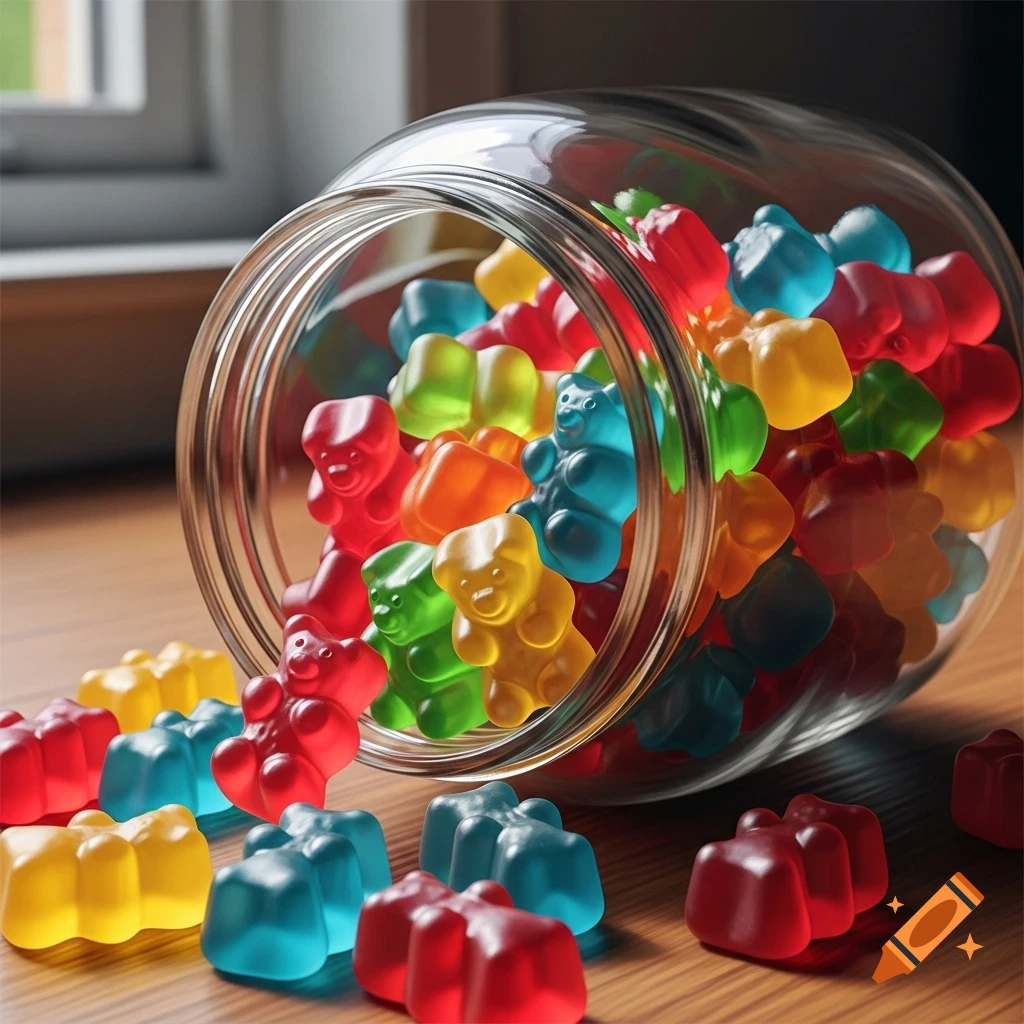 Colorful gummy bears spilling from a glass jar onto a wooden surface, photorealistic.