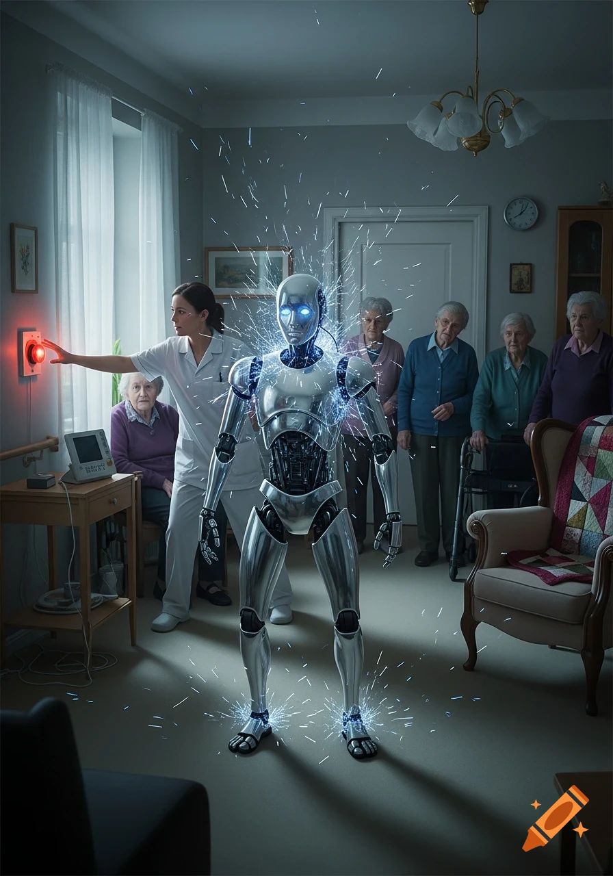 A nurse reaches for a red button as a silver robot malfunctions, sparking in a room with several elderly people looking on.