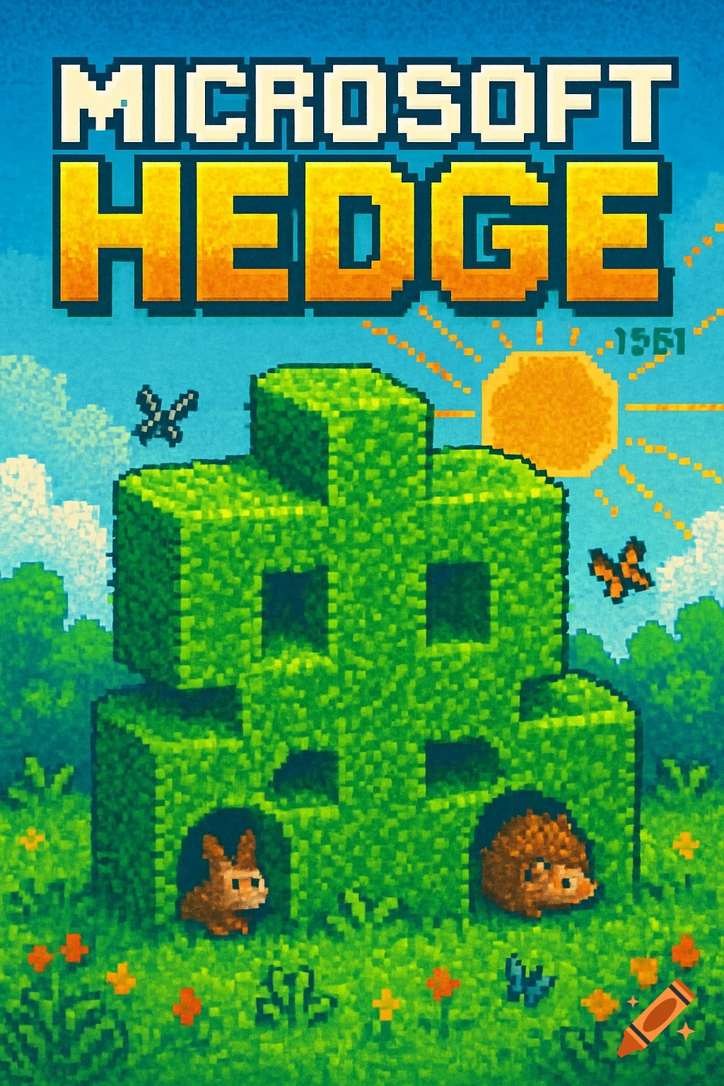 Pixel art game cover for "Microsoft Hedge" featuring a large, blocky green hedge shaped like a building, a bunny, and a hedgehog in the grass. A pixelated sun, clouds, and butterflies are in the blue sky.