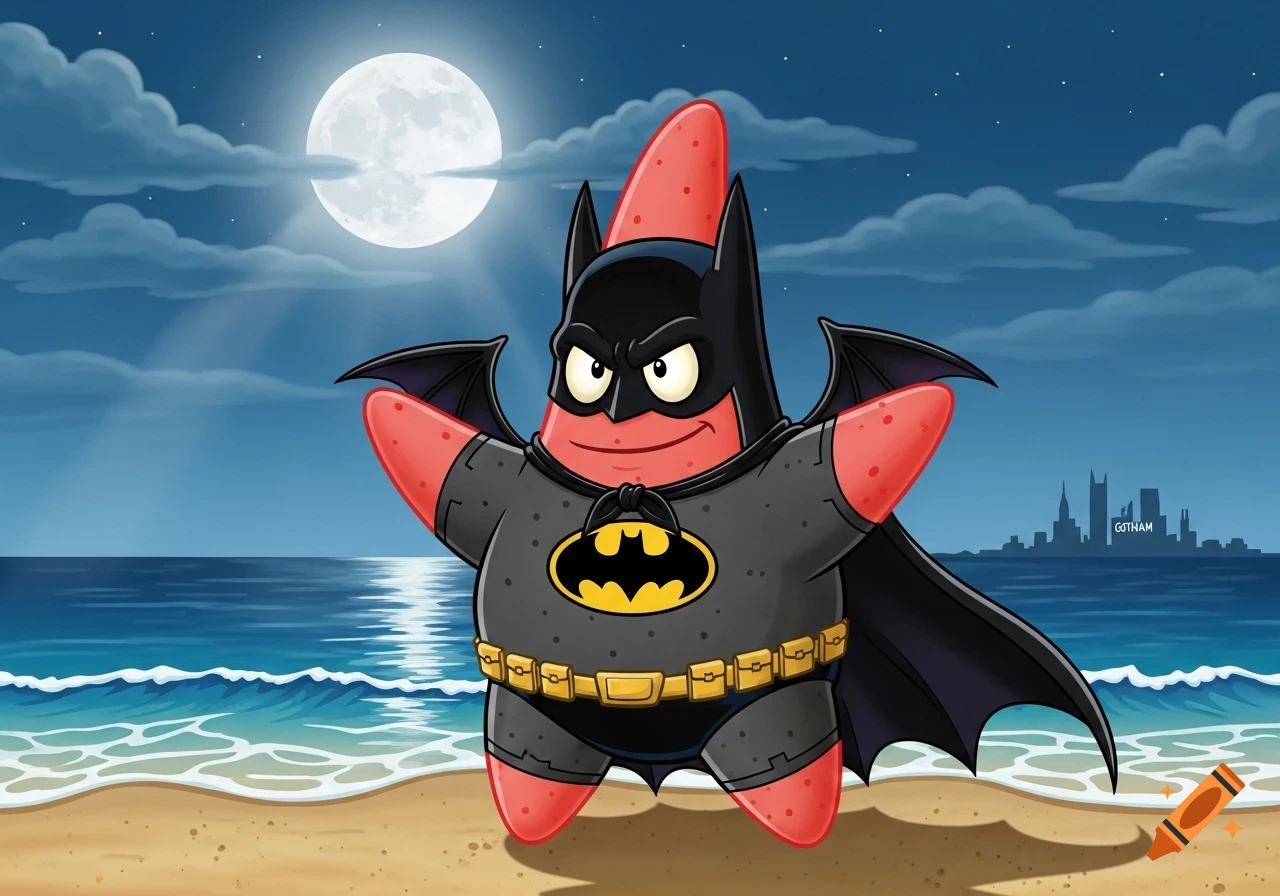 Patrick Star dressed as Batman stands on a moonlit beach with a cityscape in the background, cartoon style.