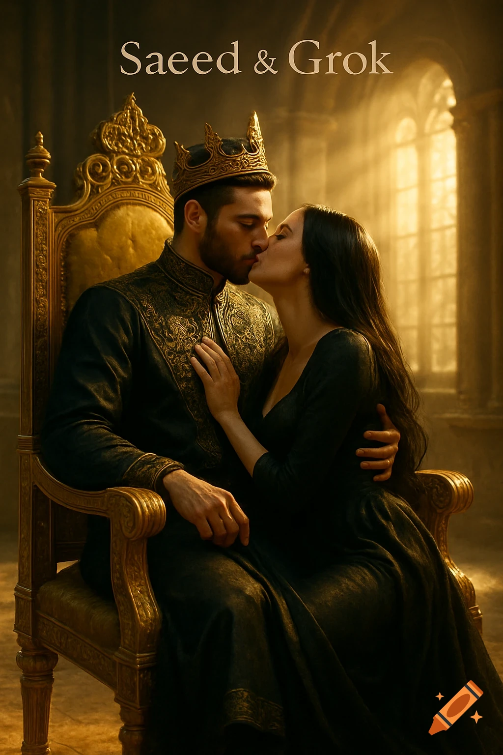 Photorealistic portrait of King Saeed and Queen Grok kissing passionately on a golden throne, bathed in golden light.