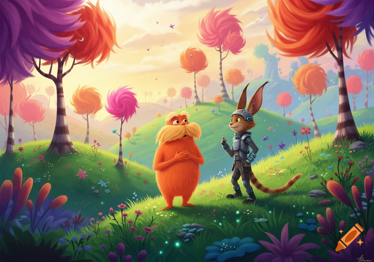The Lorax and a cat-like Lombax in a vibrant, whimsical landscape with colorful spiral trees.