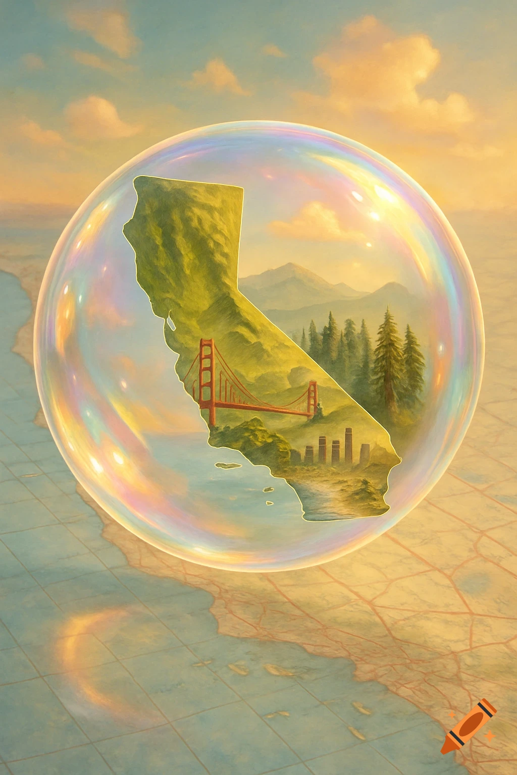 A stylized map of California, with the Golden Gate Bridge and landscapes, inside an iridescent bubble floating above a larger map.