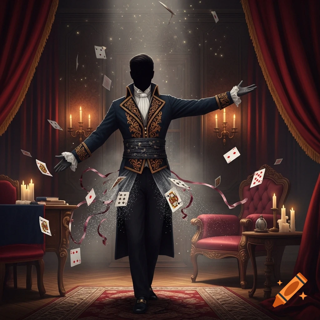 A stylized magician with a blacked-out face and ornate coat stands in a grand room, surrounded by floating playing cards and ribbons, casting a spell.