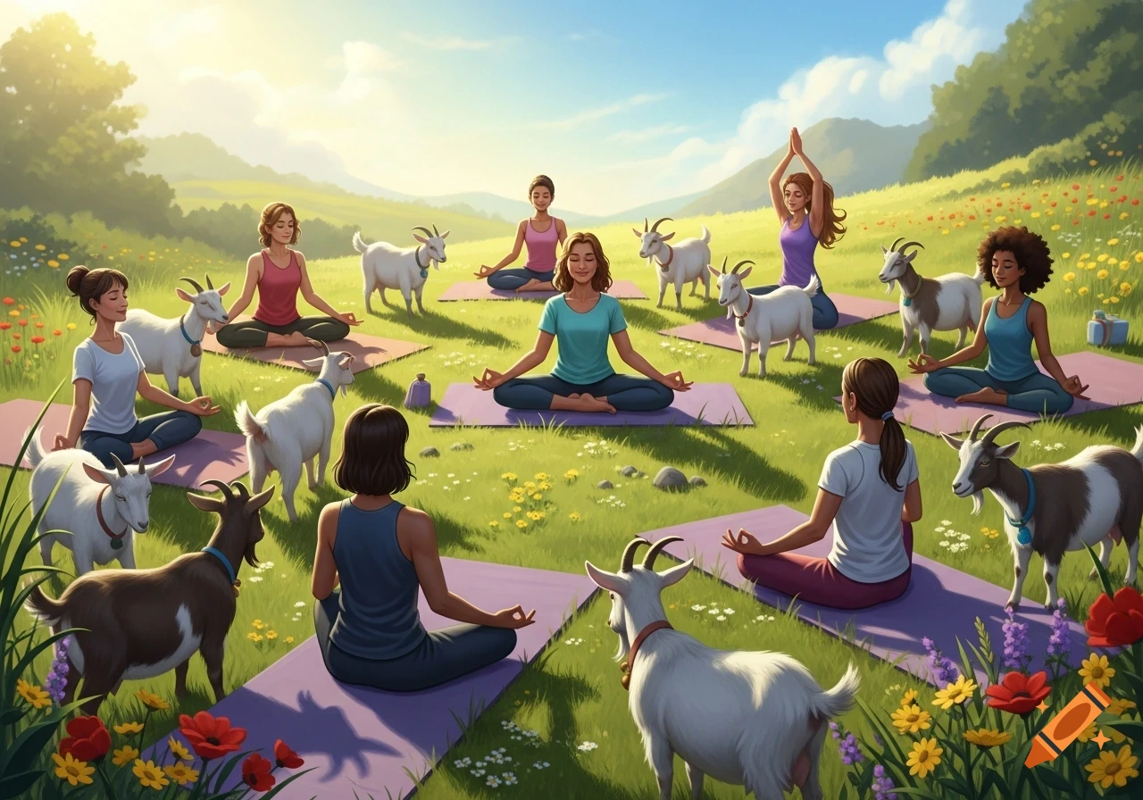 A group of women meditating and doing yoga in a sunny green field surrounded by many goats.