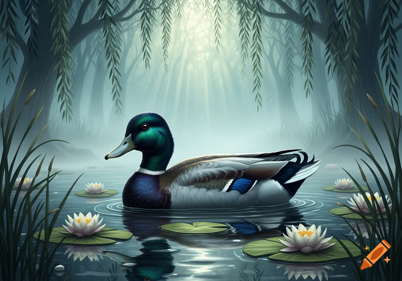 A colorful mallard duck swims among white water lilies and tall reeds in a misty forest pond with sunlight filtering through willow branches.